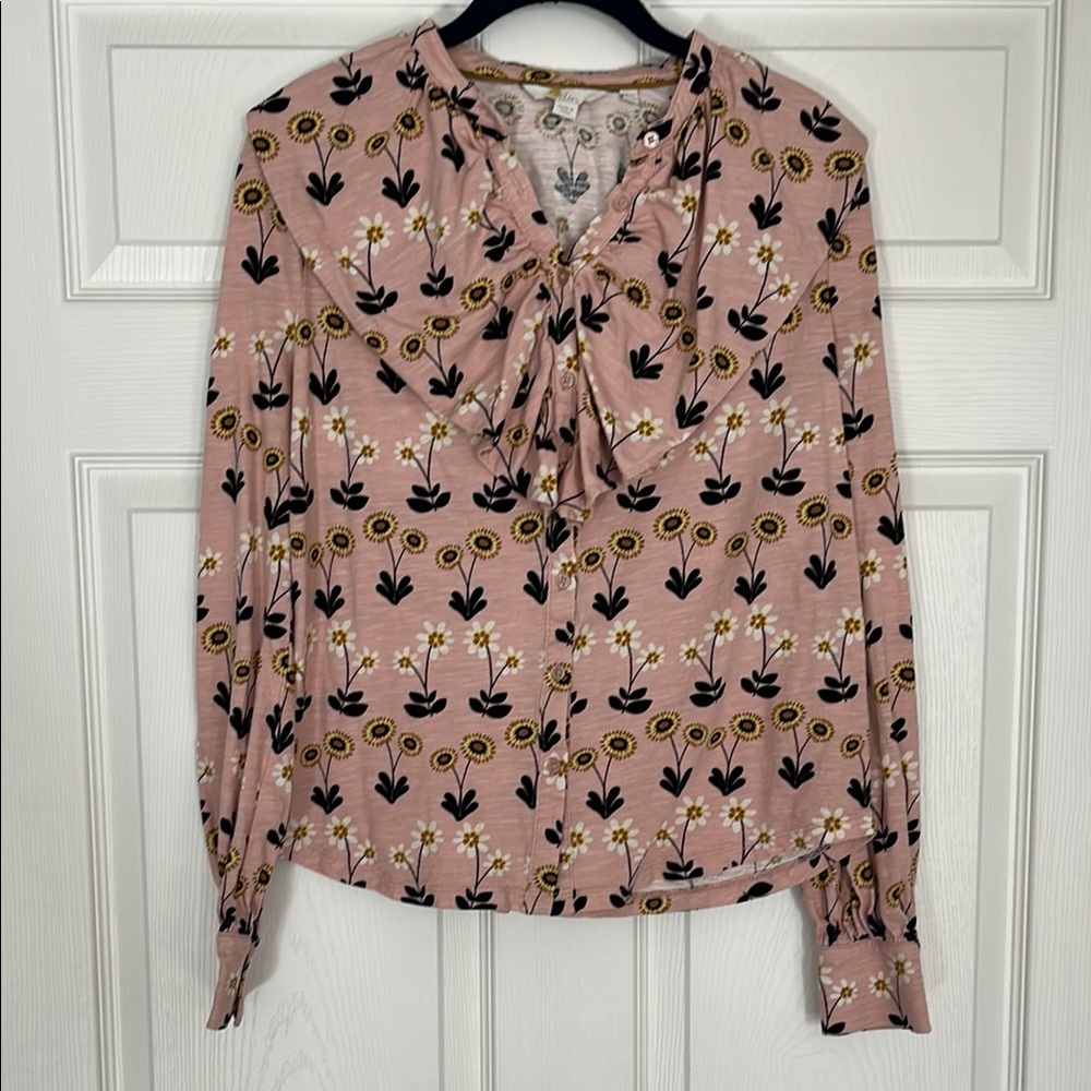 Boden Pink Long Sleeve Blouse with Tie Front and Black Hearts